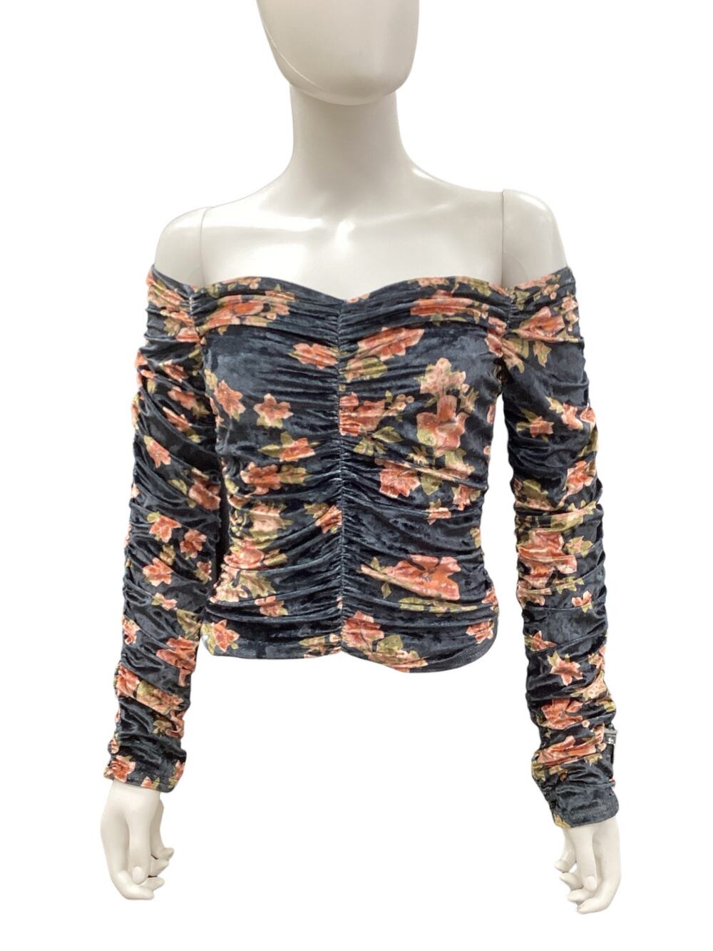 Free People Top Women’s SZ S Floral Velvety OffShoulder Long Sleeve Blue &Orange